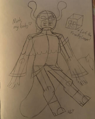 Mint sketch. The image depicts my Minecraft oc, Mint, facing the right of the screen and floating with a smaller doodle of their pet creeper, Lief, on their left. (Traditional Media, 2025)