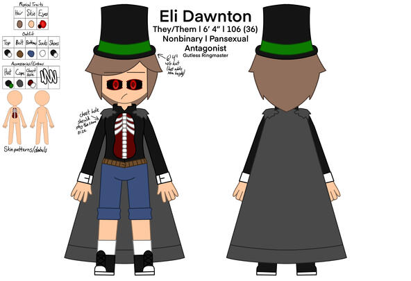Eli Dawnton Reference Sheet. The image depicts Eli Dawnton from The Circus of Sinners facing towards the camera and away from the camera with notes and information about them and their design to the sides. (Procreate, 2025)