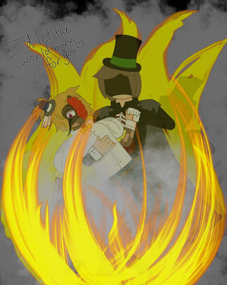 LET THE WORLD BURN (ft Eli &amp; J Dawnton). The image, inspired by the song, LET THE WORLD BURN, depicts Eli and J from The Circus of Sinners dancing together as the world burns around them. (Procreate, 2025)