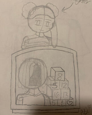 Amanda the Adventurer sketch. The image depicts Amanda the Adventurer from the video game trilogy of the same name leaning against a CRT screen that holds the secrets of her past. (Traditional Media, 2025)