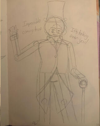 Past Eli Dawnton sketch. The image depicts Eli Dawnton from The Circus of Sinners before their death facing the right of the screen and waving. (Traditional Media, 2026)