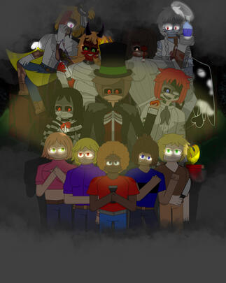 The Circus of Sinners Poster Art. The image depicts the main characters of The Circus of Sinners posing together with the antagonists standing above the protagonists menacingly. (Procreate, 2025)