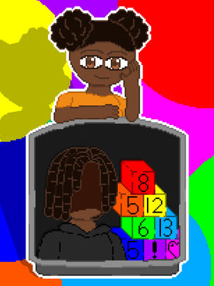 Amanda the Adventurer pixel art. The image depicts Amanda the Adventurer in the pixel art style leaning against a CRT screen that holds the secrets of her past. (ibisPaintX, 2026)