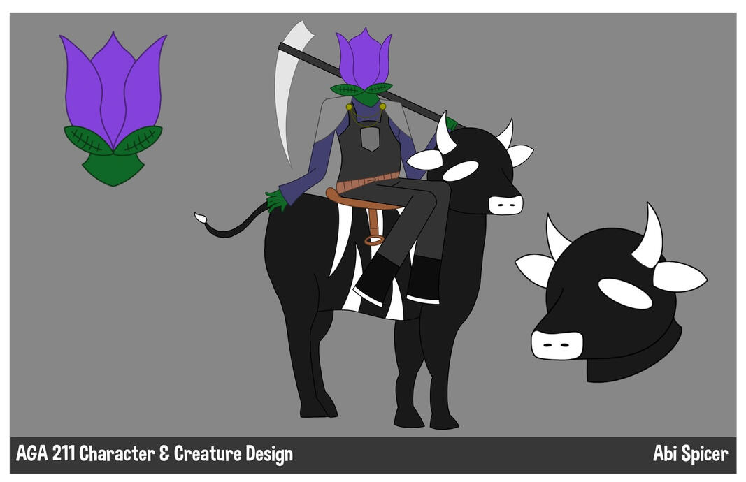 The Flower Reaper and her Cow. The Flower Reaper and her Cow were designed for my Character and Creature Design class.