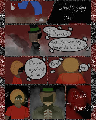 The Circus of Sinners Comic Redraw. The comic depicts Thomas Deoson running away from Eli Dawnton before running into a dead end and getting caught. (Procreate, 2025)