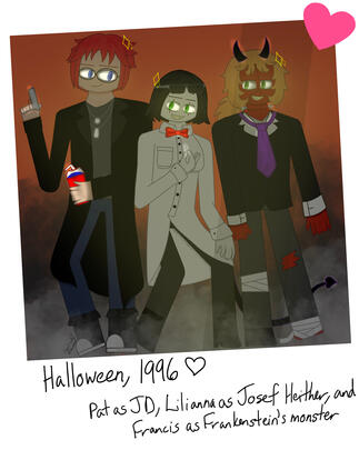Circus Cousins Halloween Costumes. The image depicts Pat Dawnton, Lilianna Arellano, &amp; Francis Hellenboren from The Circus of Sinners posing in a polaroid photo dressed in their Halloween costumes for the Halloween of 1996. (Procreate, 2025)