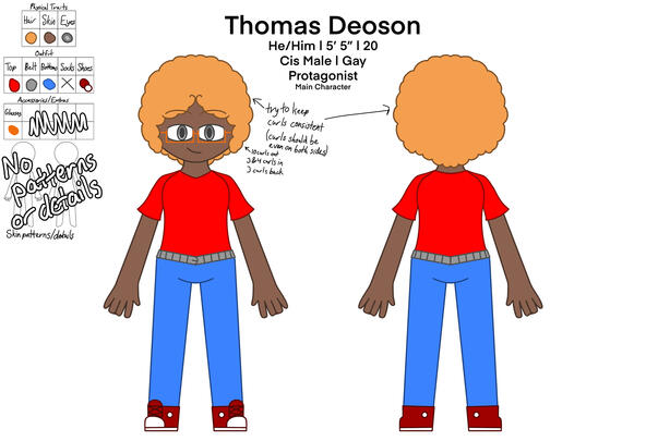 Thomas Deoson Reference Sheet. The image depicts Thomas Deoson from The Circus of Sinners facing towards the camera and away from the camera with notes and information about him and his design to the sides. (Procreate, 2025)