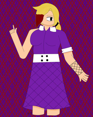 Girl in a Purple Dress Redraw. The image depicts an unnamed girl in a purple dress facing the left of the screen and pointing up. (Procreate, 2026)