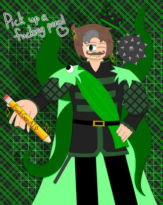 Remus says Fuck Gen AI. The image depicts Remus Sanders from Sanders Sides holding a pencil out to the camera that says "Fuck Gen AI" on it while winking. (Procreate, 2025)