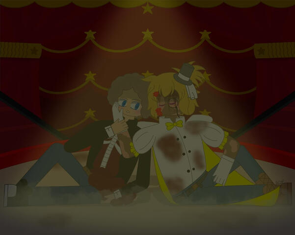 Love You Like an Alcoholic. The image depicts Eli and J Dawnton from The Circus of Sinners sharing their final moments together. (Procreate, 2025)