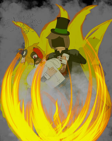 LET THE WORLD BURN (ft Eli & J Dawnton). The image, inspired by the song, LET THE WORLD BURN, depicts Eli and J from The Circus of Sinners dancing together as the world burns around them. (Procreate, 2025)