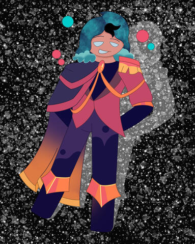 Cosmo (Art Fight 2026). The image depicts Cosmo, made by @wizarune on Instagram, standing in front of a starry background. (Procreate, 2026)