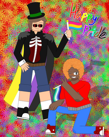Thomas & Eli Pride Month. The image depicts Thomas Deoson and Eli Dawnton from The Circus of Sinners standing in front of a colorful background holding pride flags. (Procreate, 2026)