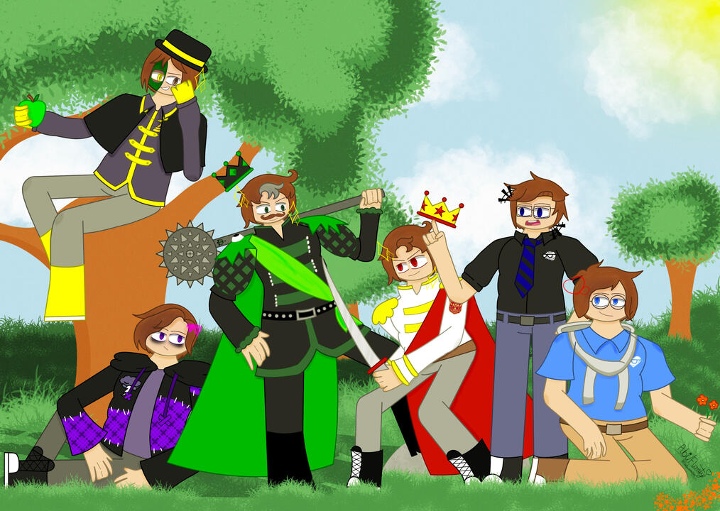Sanders Sides 10th Anniversary. The image depicts the six main sides from the YouTube series, Sanders Sides, hanging out together in a field. (Procreate, 2026)