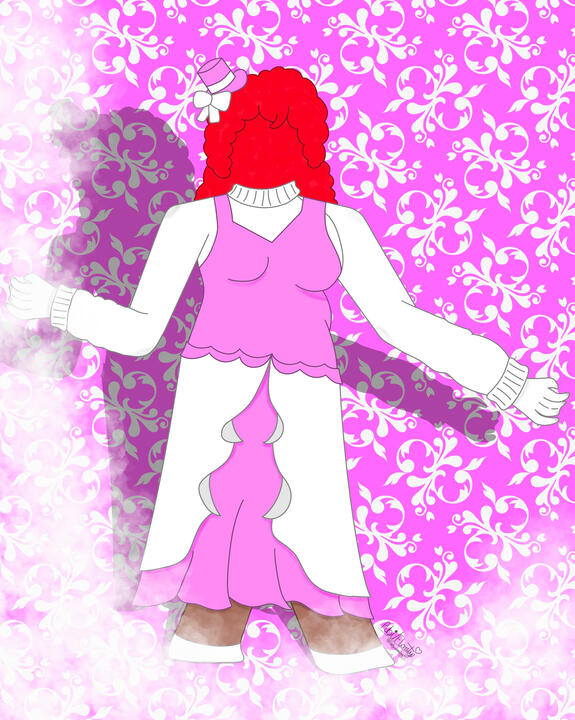 Salena (Little Horrors). The image depicts my oc, Salena, from my story, Little Horrors, in front of a pink and white background. (Procreate, 2026)