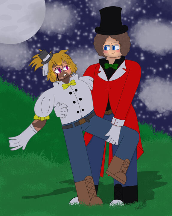 Moonlit Dancing (GuttedRose). The image depicts Eli and J Dawnton dancing in a field on a moonlit night. (Procreate, 2026)