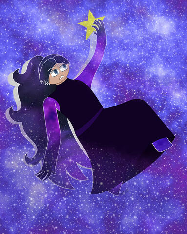 The Astrum (Art Fight 2026). The image depicts The Astrum, made by Abotwgeek52 on Art Fight, floating in a purple galaxy and reaching for a star. (Procreate 2026)