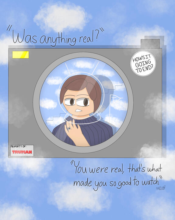The Truman Show. The image depicts Truman Burbank in the lens of a camera.