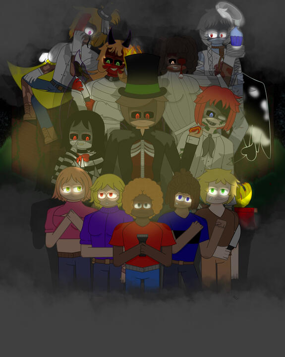 The Circus of Sinners Poster Art. The image depicts the main characters of The Circus of Sinners posing together with the antagonists standing above the protagonists menacingly. (Procreate, 2025)