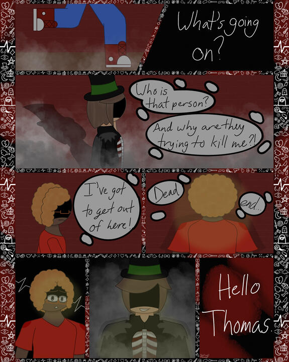 The Circus of Sinners Comic Redraw. The comic depicts Thomas Deoson running away from Eli Dawnton before running into a dead end and getting caught. (Procreate, 2025)