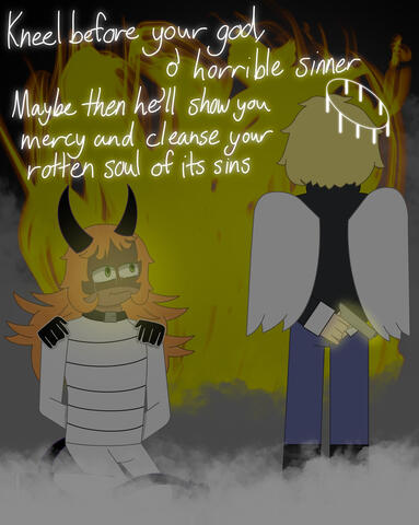 Kneel, o' Horrible Sinner. The image depicts Francis from The Circus of Sinners kneeing in front of his murderer with religious themes. (Procreate, 2025)