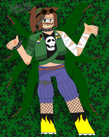 Better Luck Next Time. The image depicts a fanon design of Remus Sanders from Sanders Sides posing in front of a background. (Procreate, 2026)