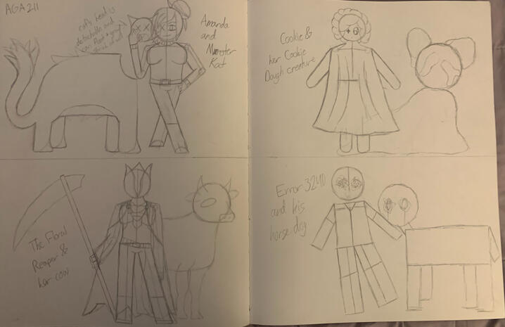 This sketch is the sketch of four character designs for the rider and mount