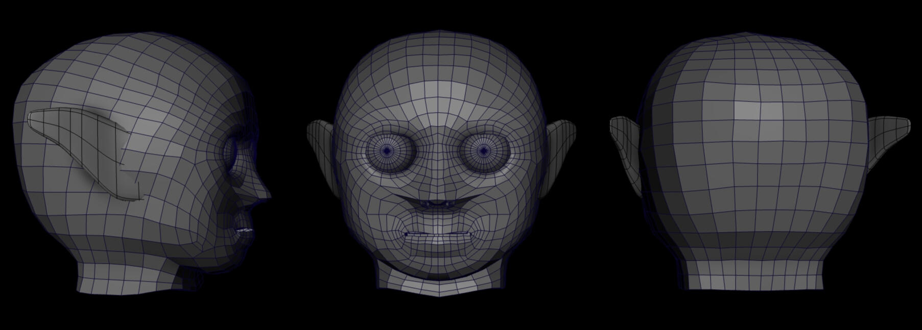 A model of a human head with wireframe visible