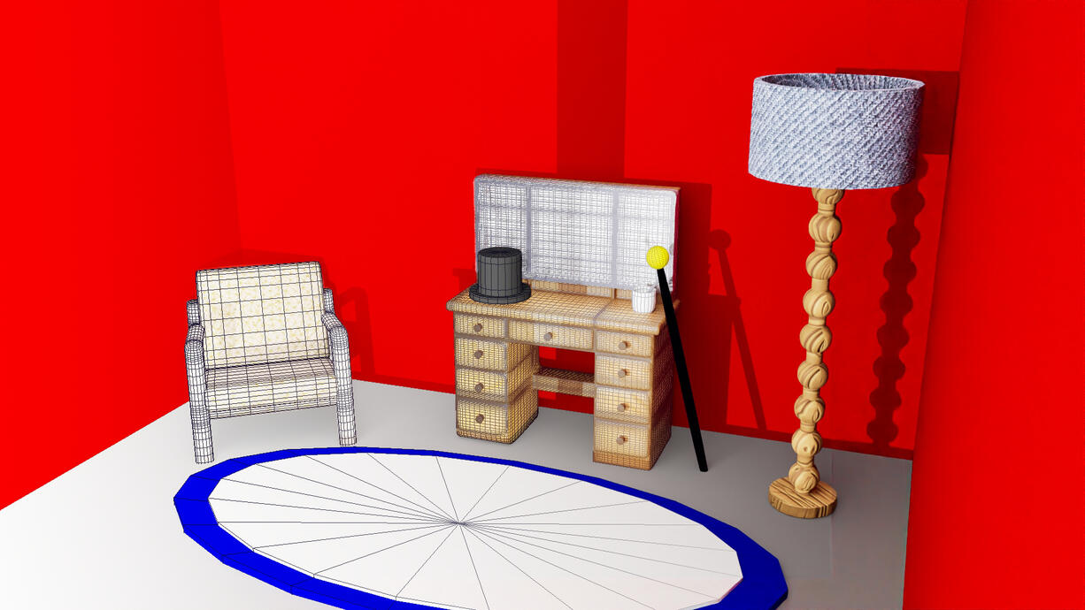 A wireframe image of the dressing room scene